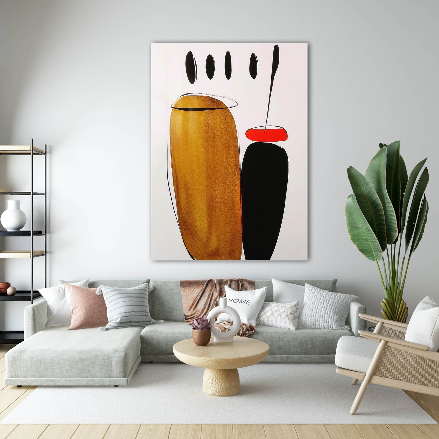 Minimalist Hardal ve Siyah Objeli Soyut Cam Tablo