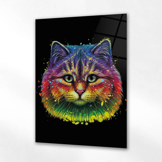 Rengarenk Pop Art Kedi Portresi Cam Tablo
