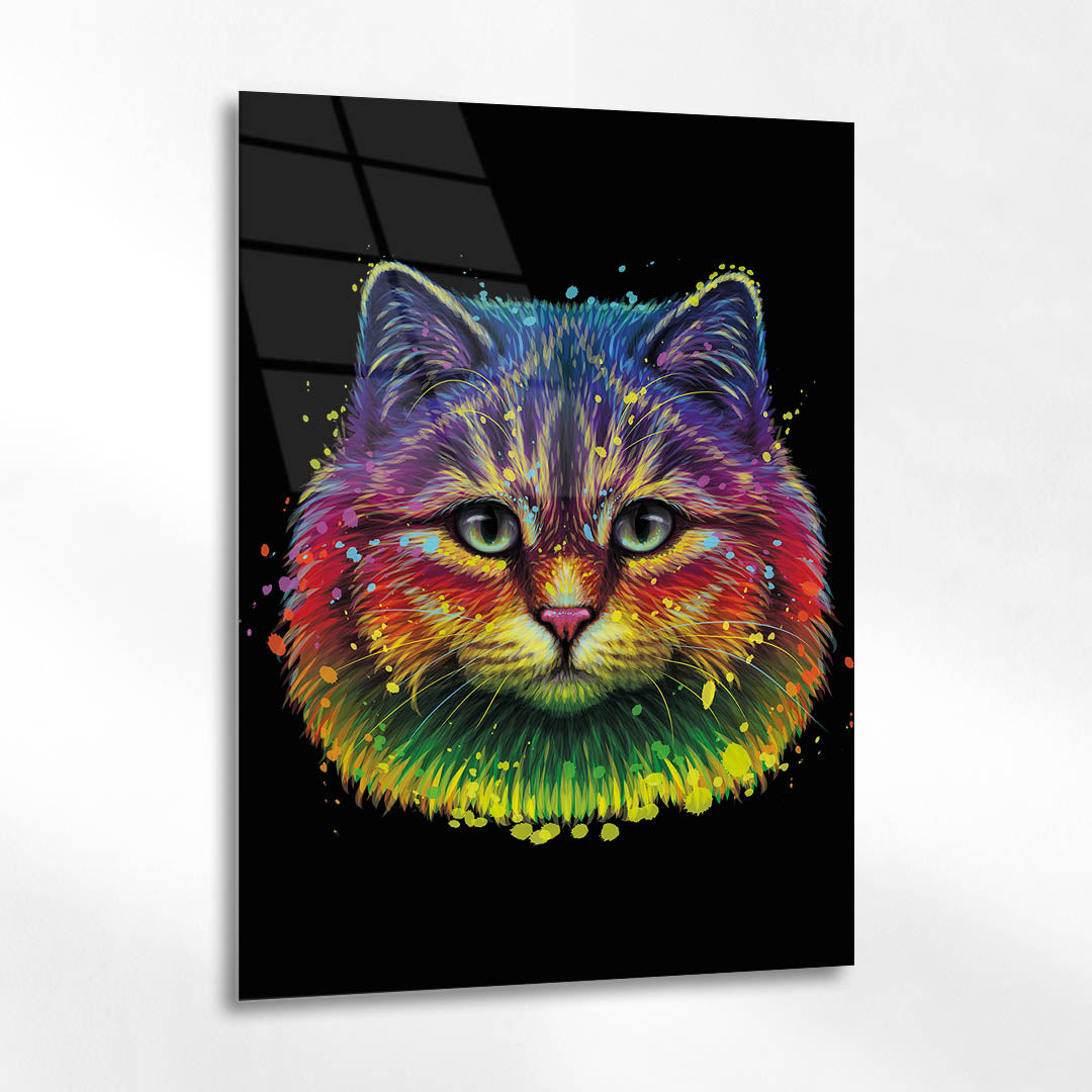 Rengarenk Pop Art Kedi Portresi Cam Tablo