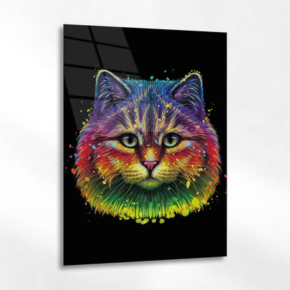 Rengarenk Pop Art Kedi Portresi Cam Tablo