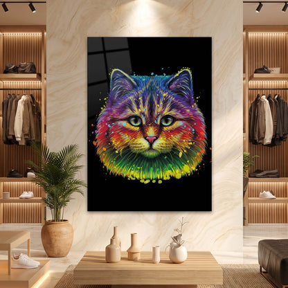 Rengarenk Pop Art Kedi Portresi Cam Tablo