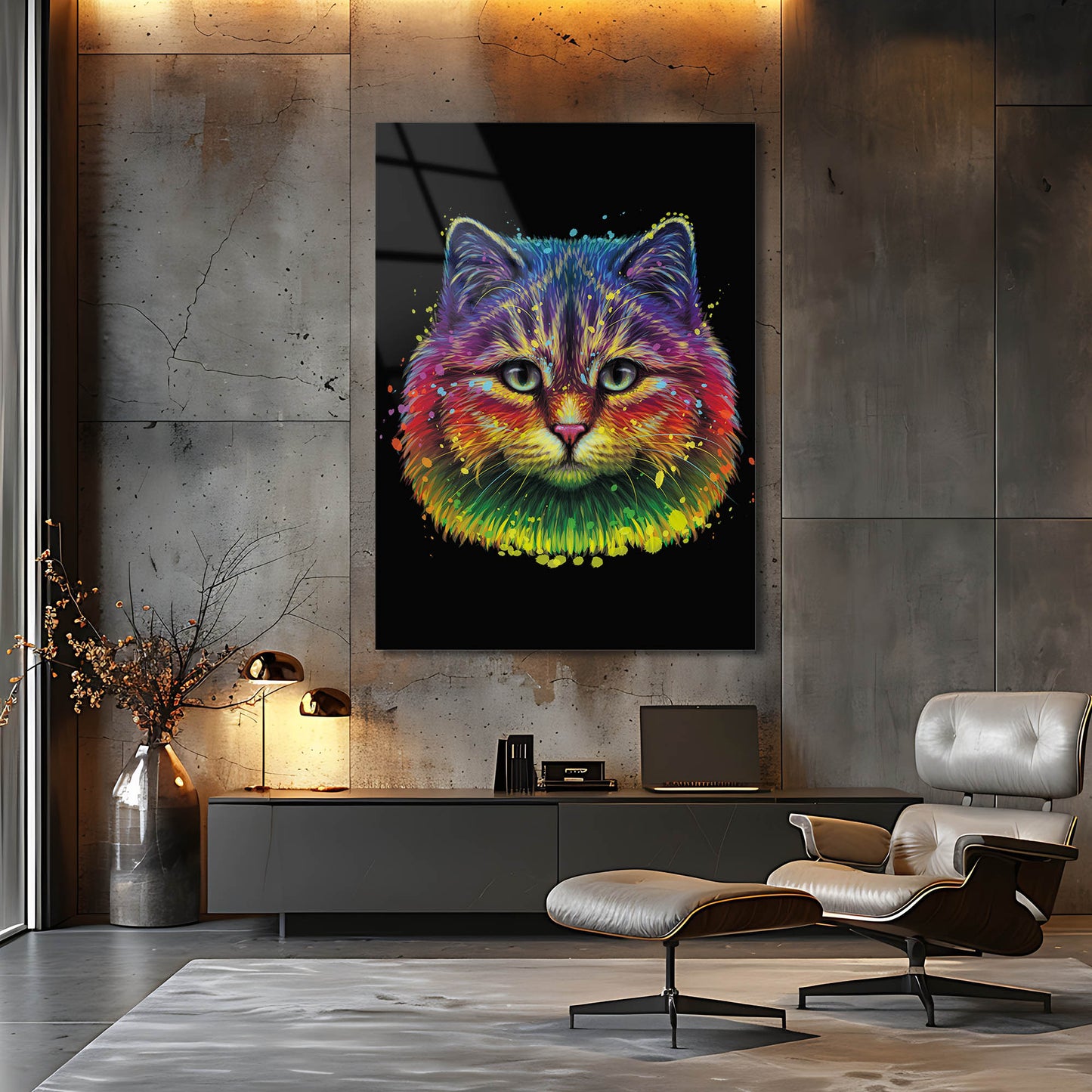 Rengarenk Pop Art Kedi Portresi Cam Tablo