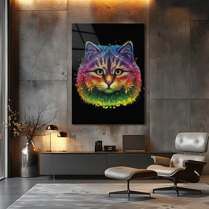 Rengarenk Pop Art Kedi Portresi Cam Tablo