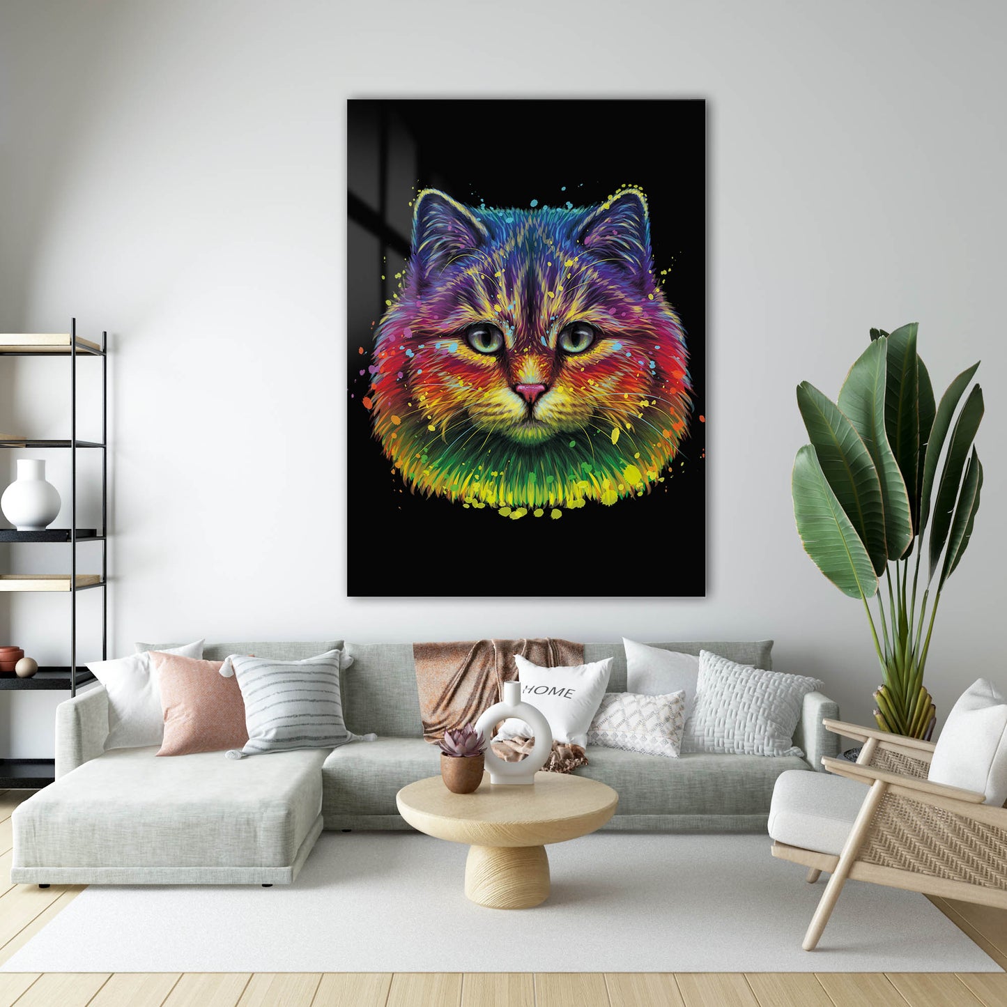 Rengarenk Pop Art Kedi Portresi Cam Tablo