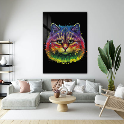 Rengarenk Pop Art Kedi Portresi Cam Tablo