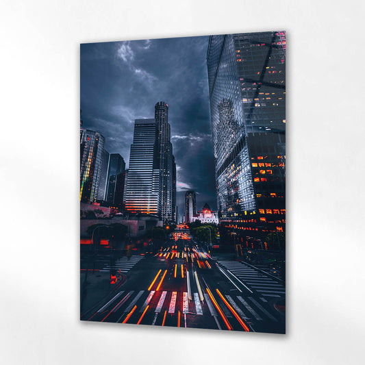 Los Angeles Gece Şehir Işıkları Cam Tablo