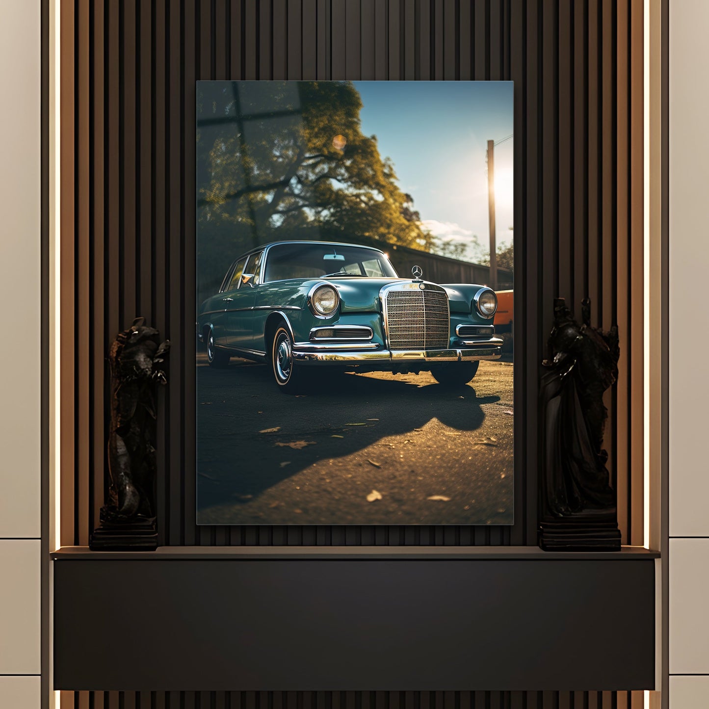 Klasik Mercedes Cam Tablo – Vintage Yeşil Sedan