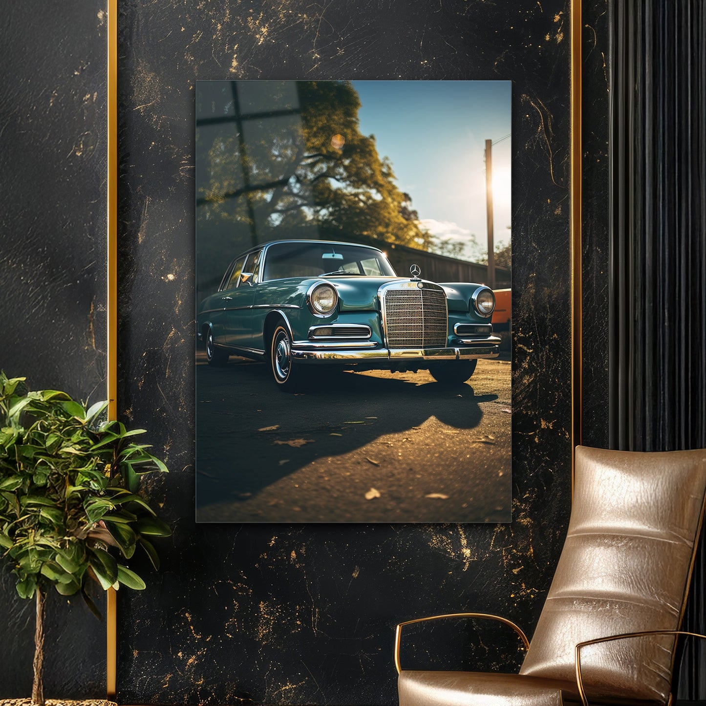 Klasik Mercedes Cam Tablo – Vintage Yeşil Sedan
