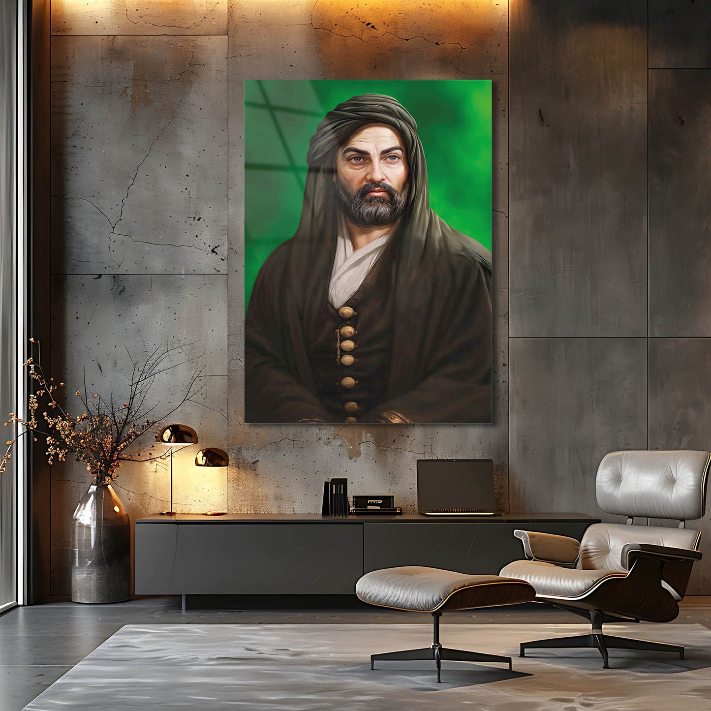 Hz. Ali Portre Yeşil Fon Cam Tablo – İslami Duvar Dekoru