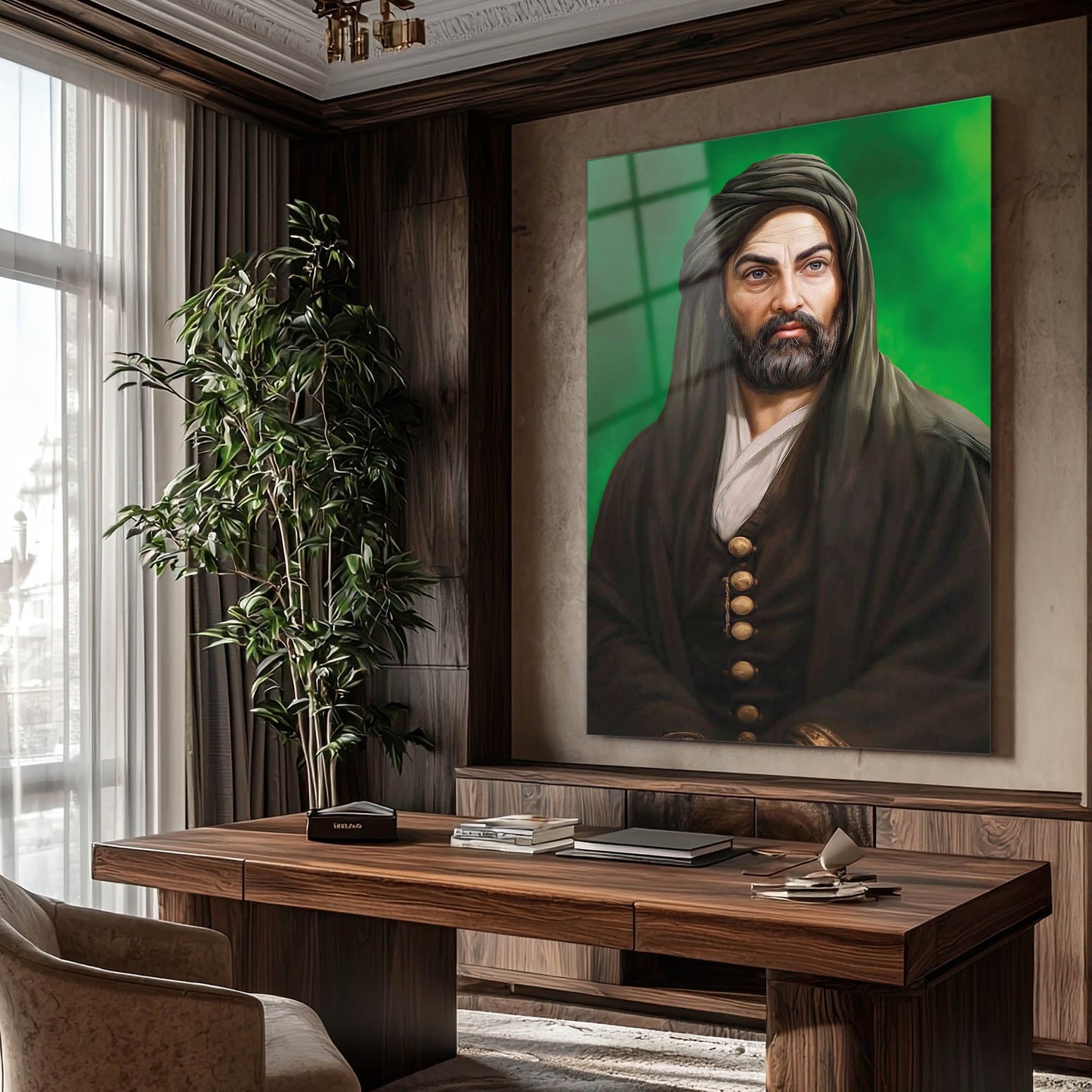 Hz. Ali Portre Yeşil Fon Cam Tablo – İslami Duvar Dekoru
