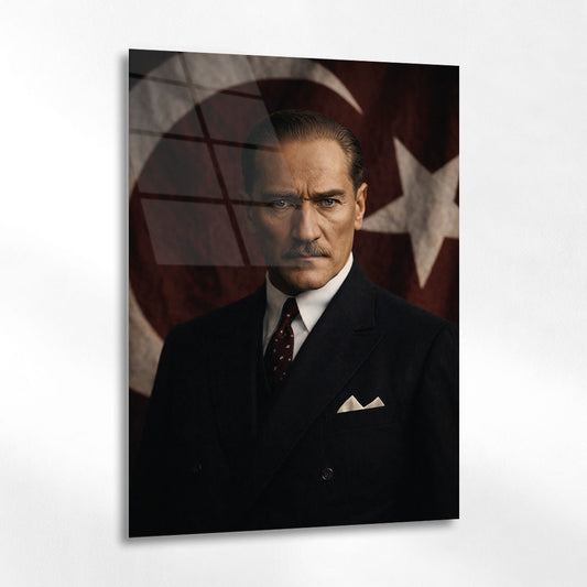 Atatürk Bayrak Arka Planlı Resmi Portre Cam Tablo