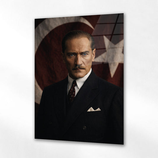 Atatürk Bayrak Arka Planlı Resmi Portre Cam Tablo