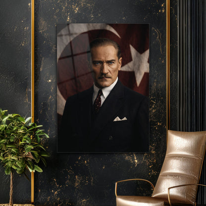 Atatürk Bayrak Arka Planlı Resmi Portre Cam Tablo