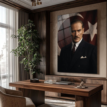 Atatürk Bayrak Arka Planlı Resmi Portre Cam Tablo