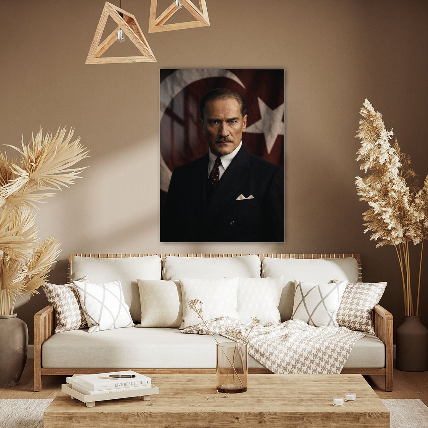 Atatürk Bayrak Arka Planlı Resmi Portre Cam Tablo