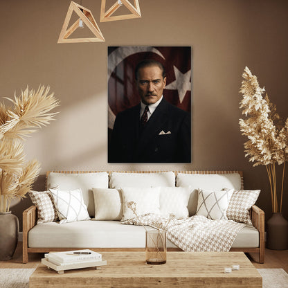 Atatürk Bayrak Arka Planlı Resmi Portre Cam Tablo
