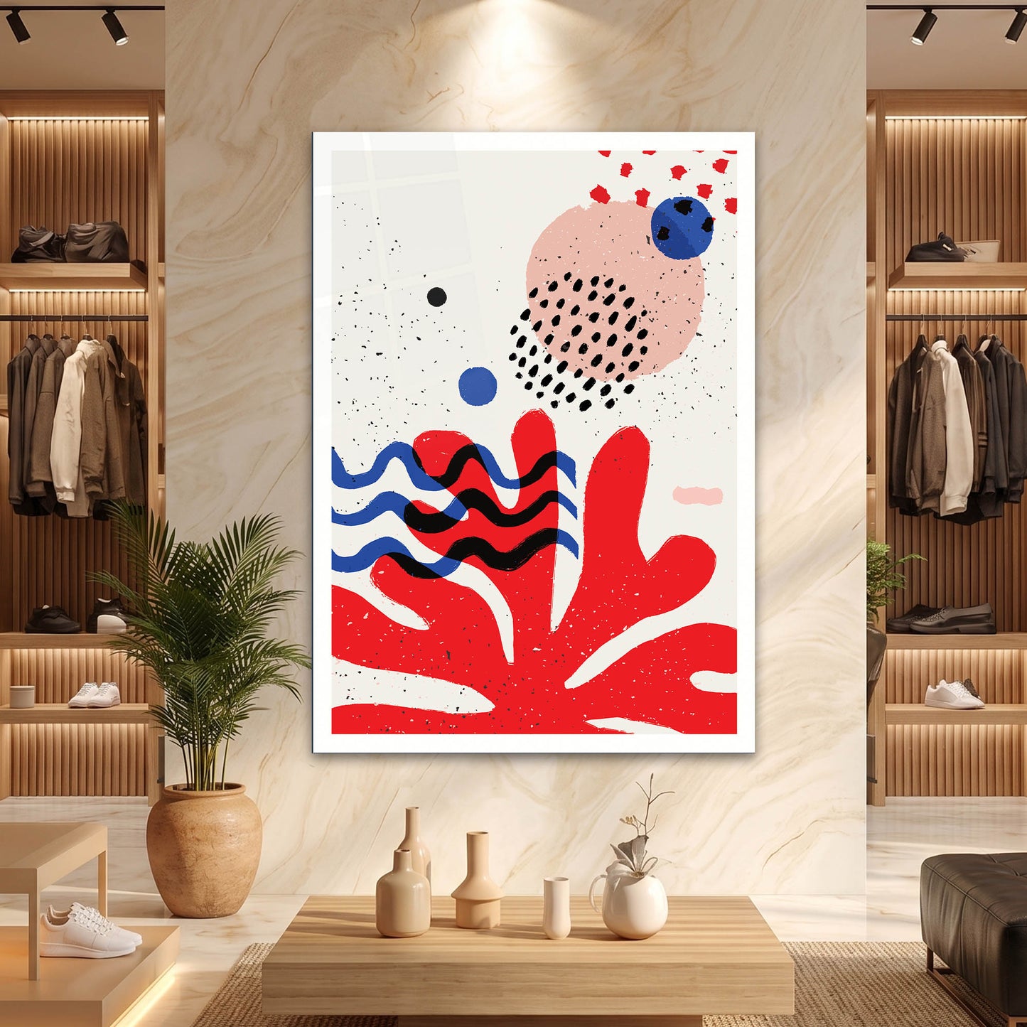Kırmızı Soyut Mercan Desenli Modern Cam Tablo