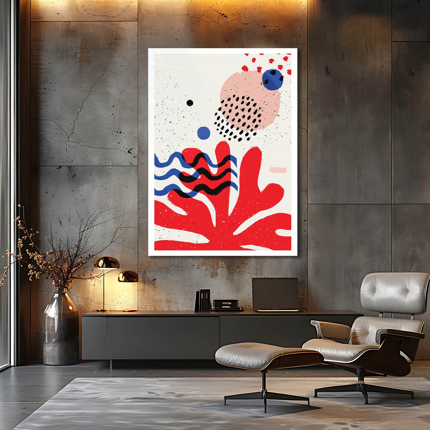 Kırmızı Soyut Mercan Desenli Modern Cam Tablo