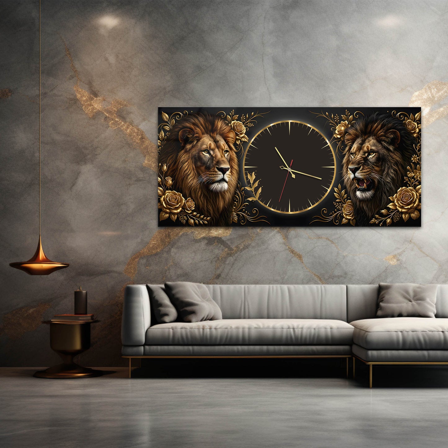 Lüks Aslan Temalı Dekoratif Cam Saatli Tablo