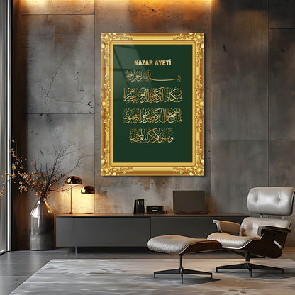 Nazar Ayeti Yeşil Gold Çerçeveli Cam Tablo