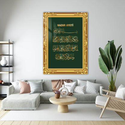 Nazar Ayeti Yeşil Gold Çerçeveli Cam Tablo
