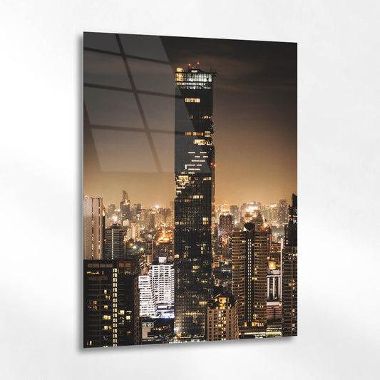 Modern Şehir Gece Silüeti Gökdelen Cam Tablo