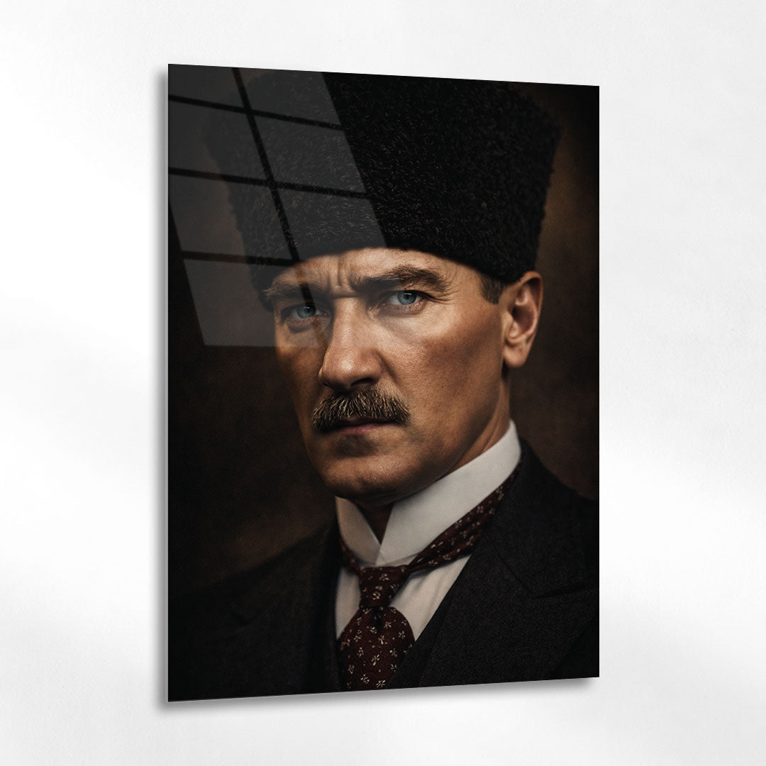 Atatürk Kalpaklı Yakın Plan Klasik Portre Cam Tablo
