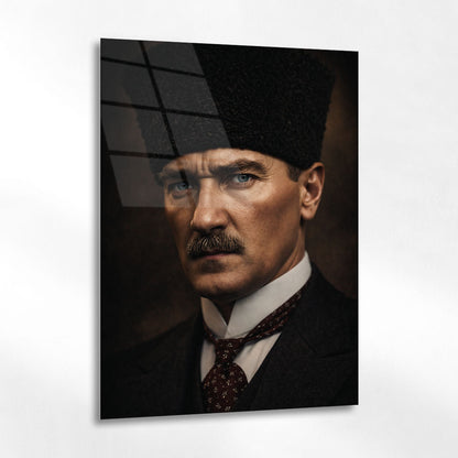 Atatürk Kalpaklı Yakın Plan Klasik Portre Cam Tablo