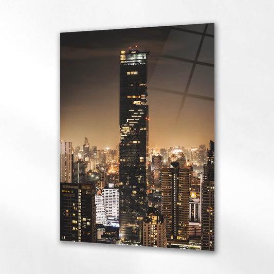 Modern Şehir Gece Silüeti Gökdelen Cam Tablo