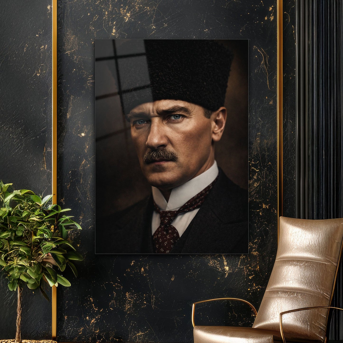 Atatürk Kalpaklı Yakın Plan Klasik Portre Cam Tablo