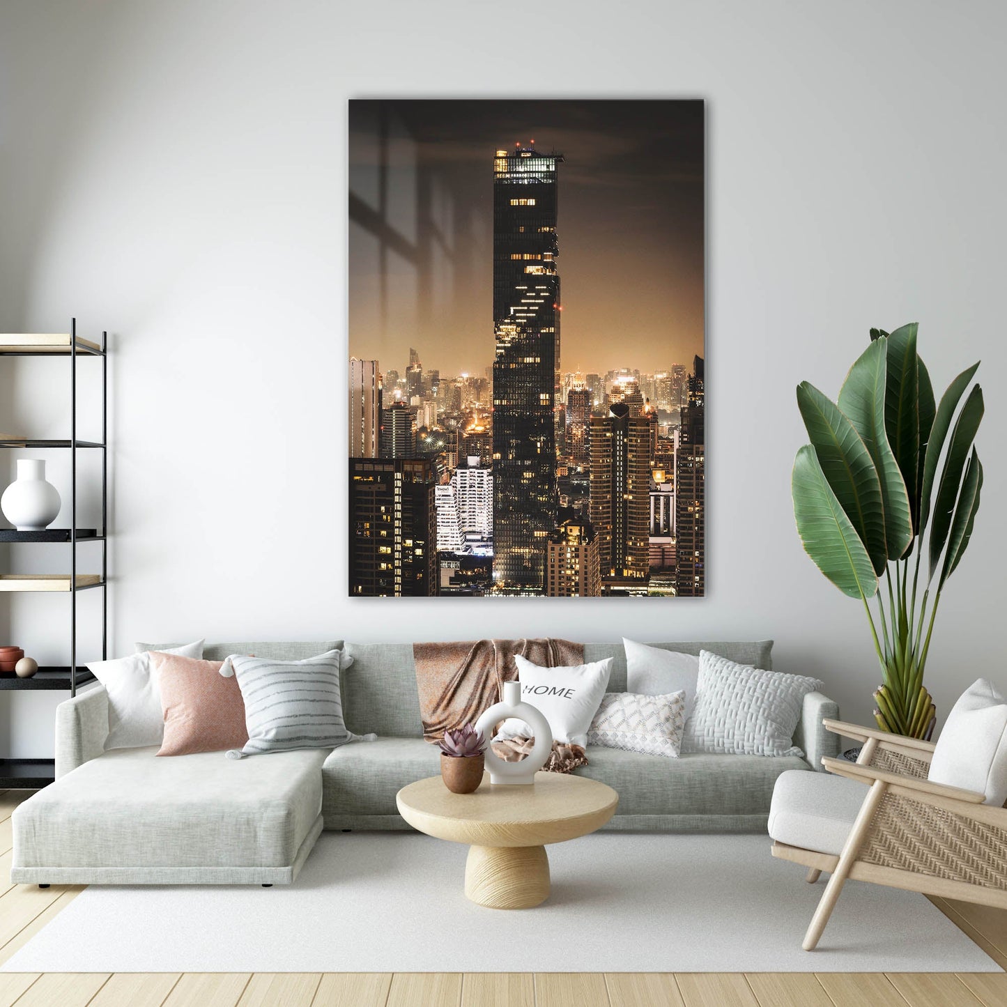 Modern Şehir Gece Silüeti Gökdelen Cam Tablo