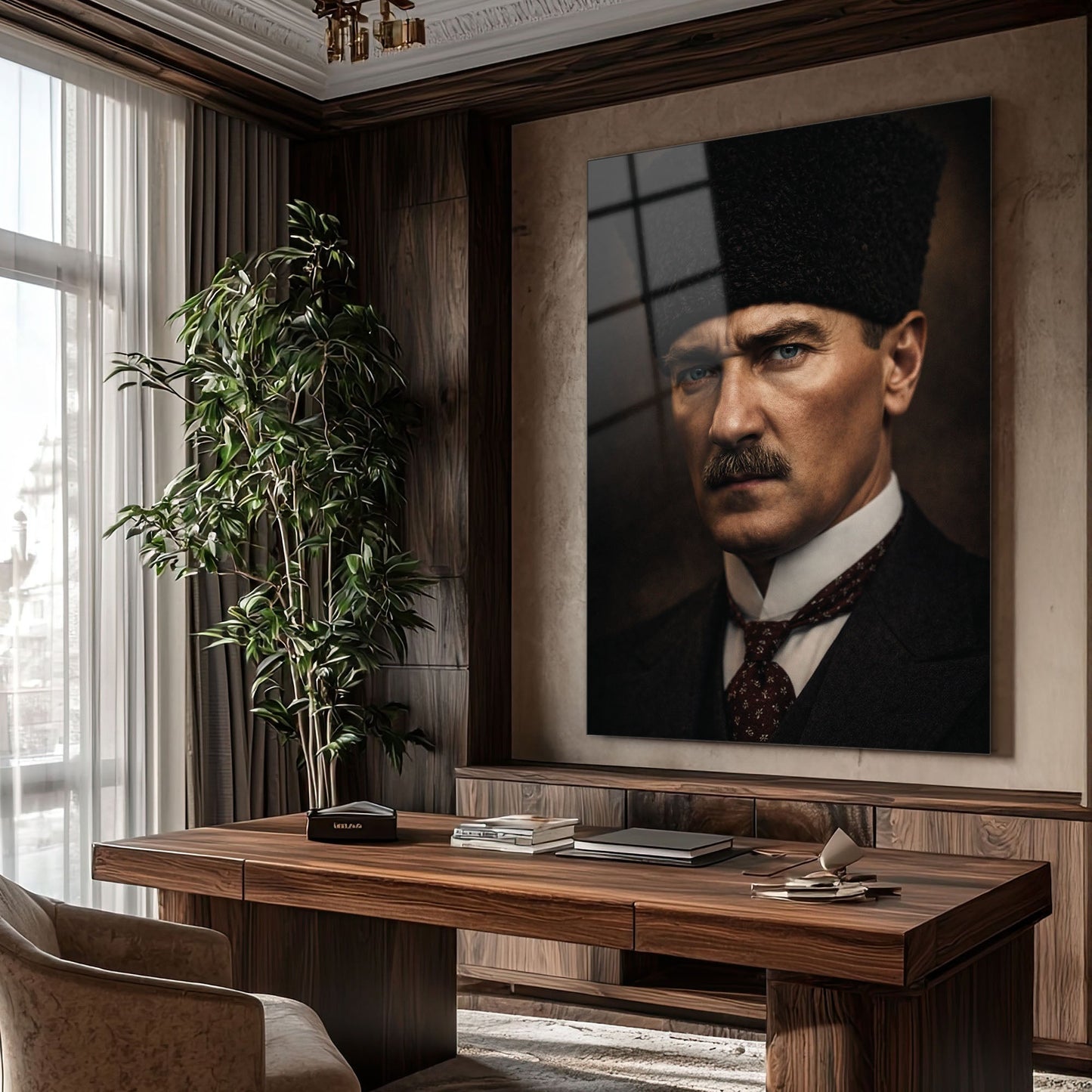 Atatürk Kalpaklı Yakın Plan Klasik Portre Cam Tablo