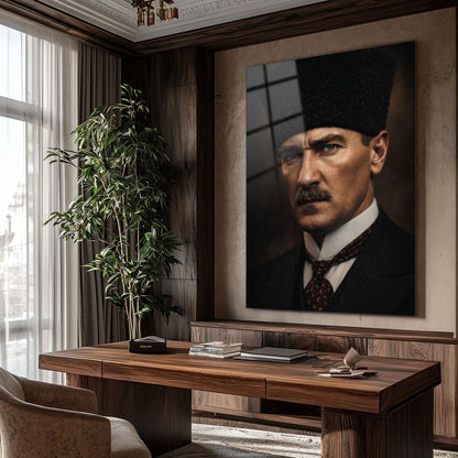 Atatürk Kalpaklı Yakın Plan Klasik Portre Cam Tablo