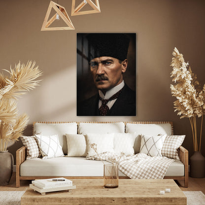 Atatürk Kalpaklı Yakın Plan Klasik Portre Cam Tablo
