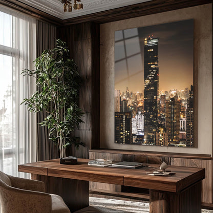 Modern Şehir Gece Silüeti Gökdelen Cam Tablo