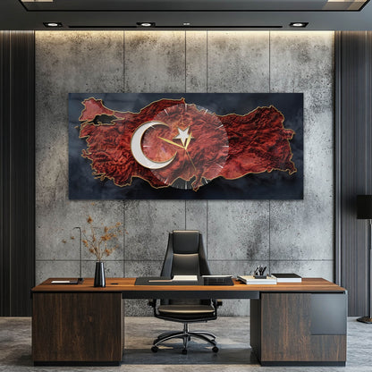 Kırmızı Türkiye Temalı Cam Saatli Tablo