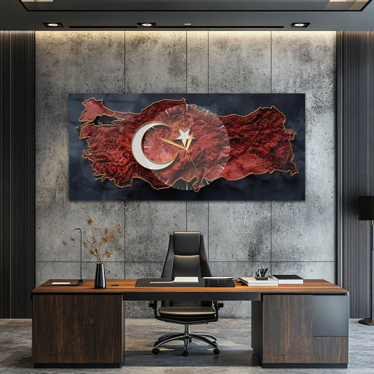 Kırmızı Türkiye Temalı Cam Saatli Tablo