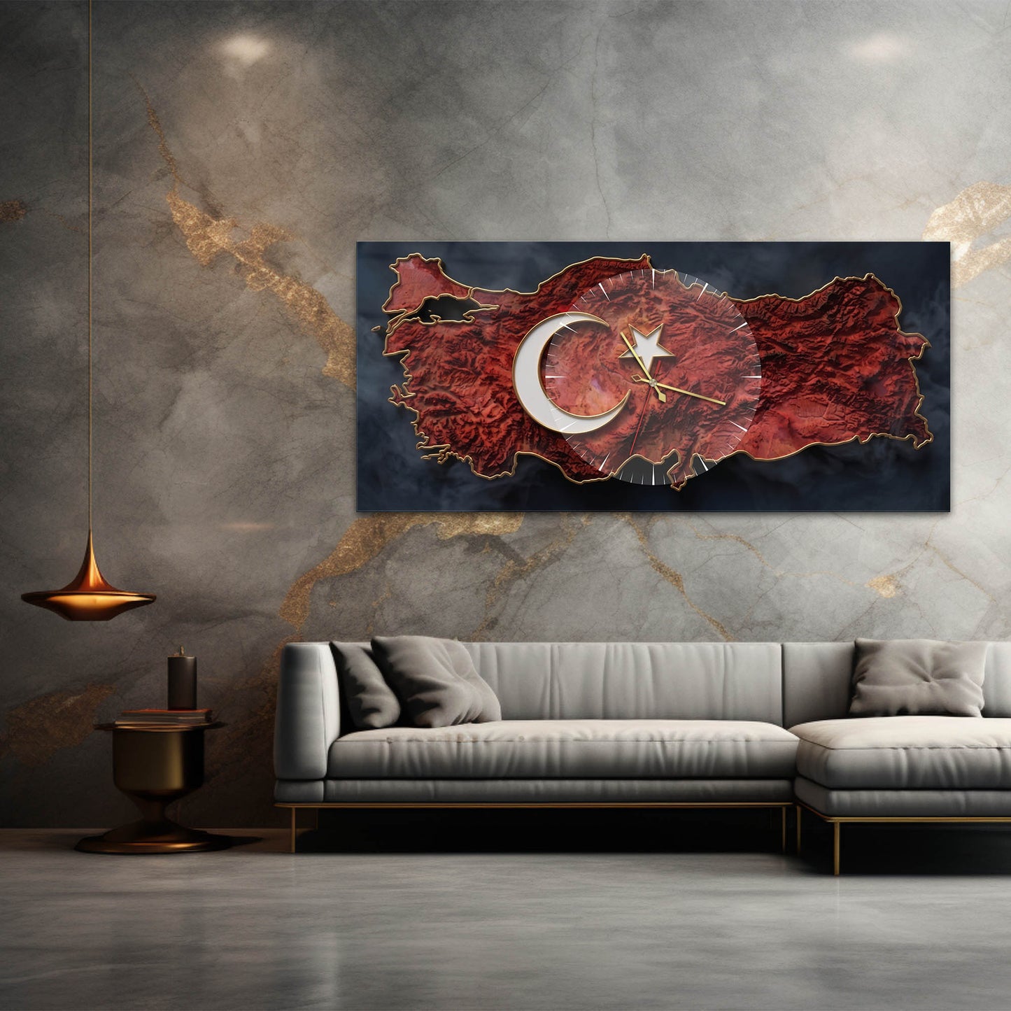Kırmızı Türkiye Temalı Cam Saatli Tablo
