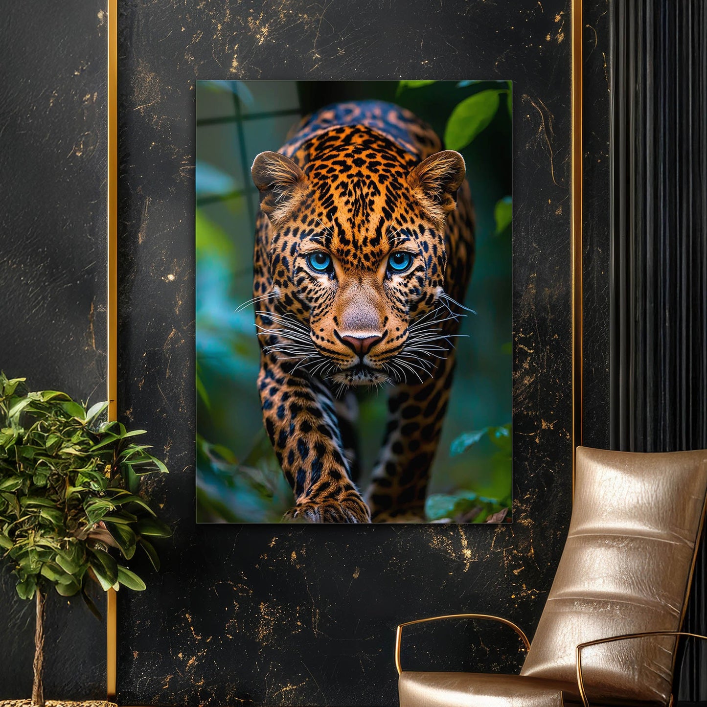 Mavi Gözlü Leopar Yürüyüş Cam Tablo