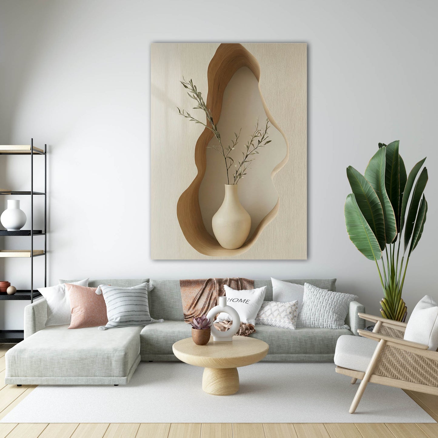 Ahşap Oyma Efektli Minimalist Vazo ve Dal Cam Tablo