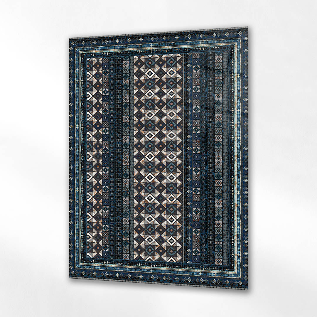 Koyu Mavi Geometrik Desenli Etnik Kilim Cam Tablo