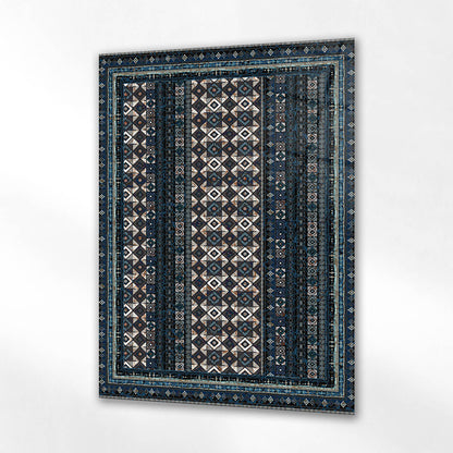 Koyu Mavi Geometrik Desenli Etnik Kilim Cam Tablo