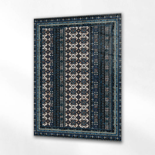 Koyu Mavi Geometrik Desenli Etnik Kilim Cam Tablo