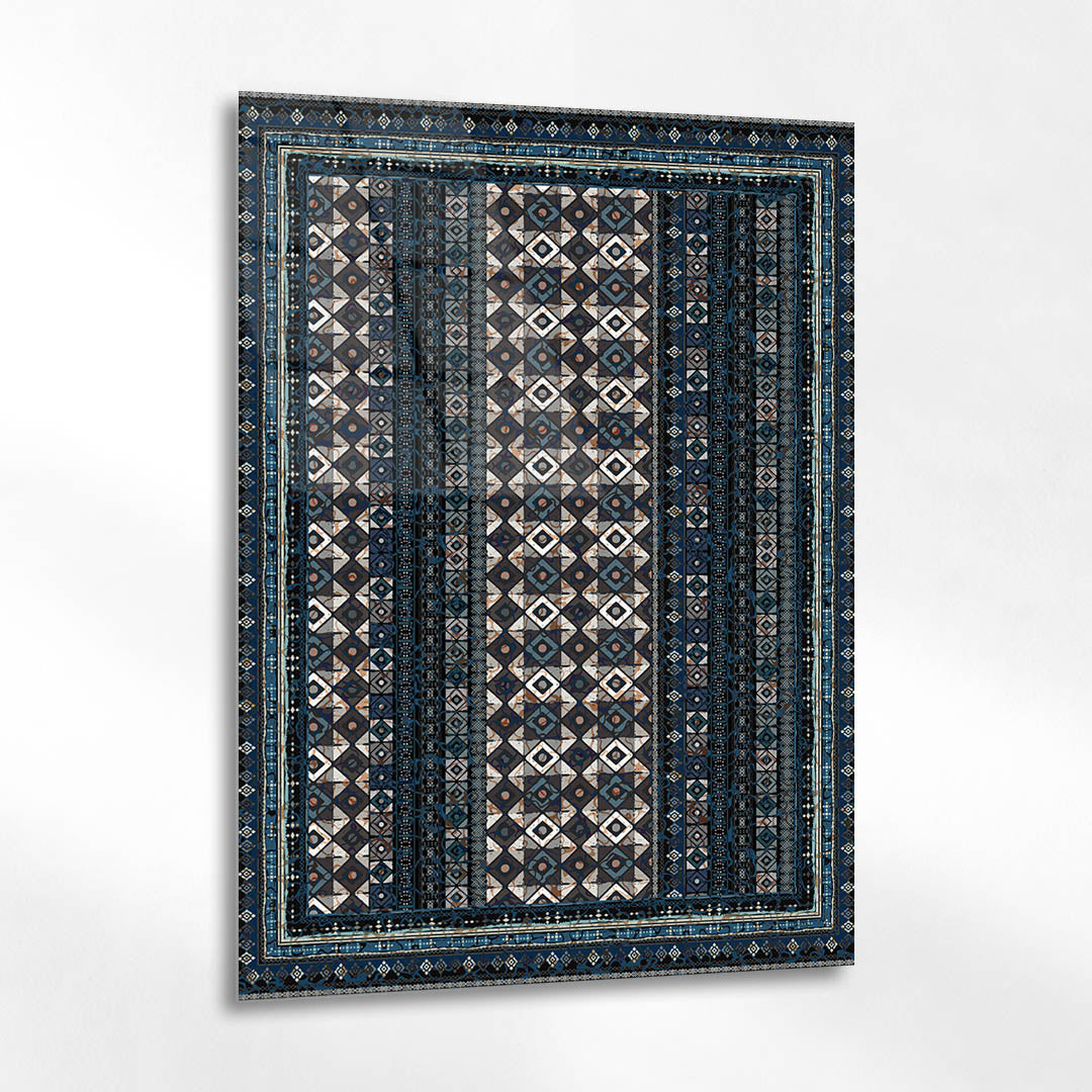 Koyu Mavi Geometrik Desenli Etnik Kilim Cam Tablo