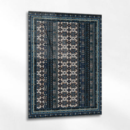 Koyu Mavi Geometrik Desenli Etnik Kilim Cam Tablo