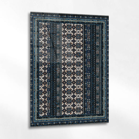 Koyu Mavi Geometrik Desenli Etnik Kilim Cam Tablo