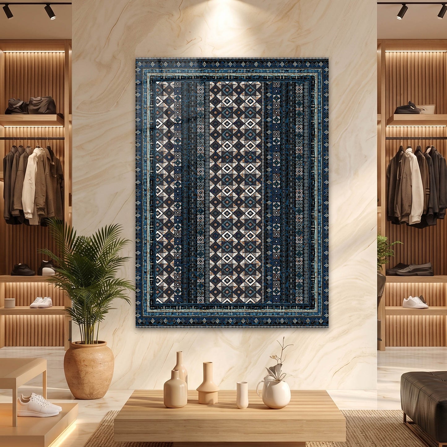 Koyu Mavi Geometrik Desenli Etnik Kilim Cam Tablo