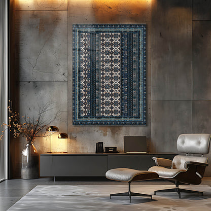 Koyu Mavi Geometrik Desenli Etnik Kilim Cam Tablo