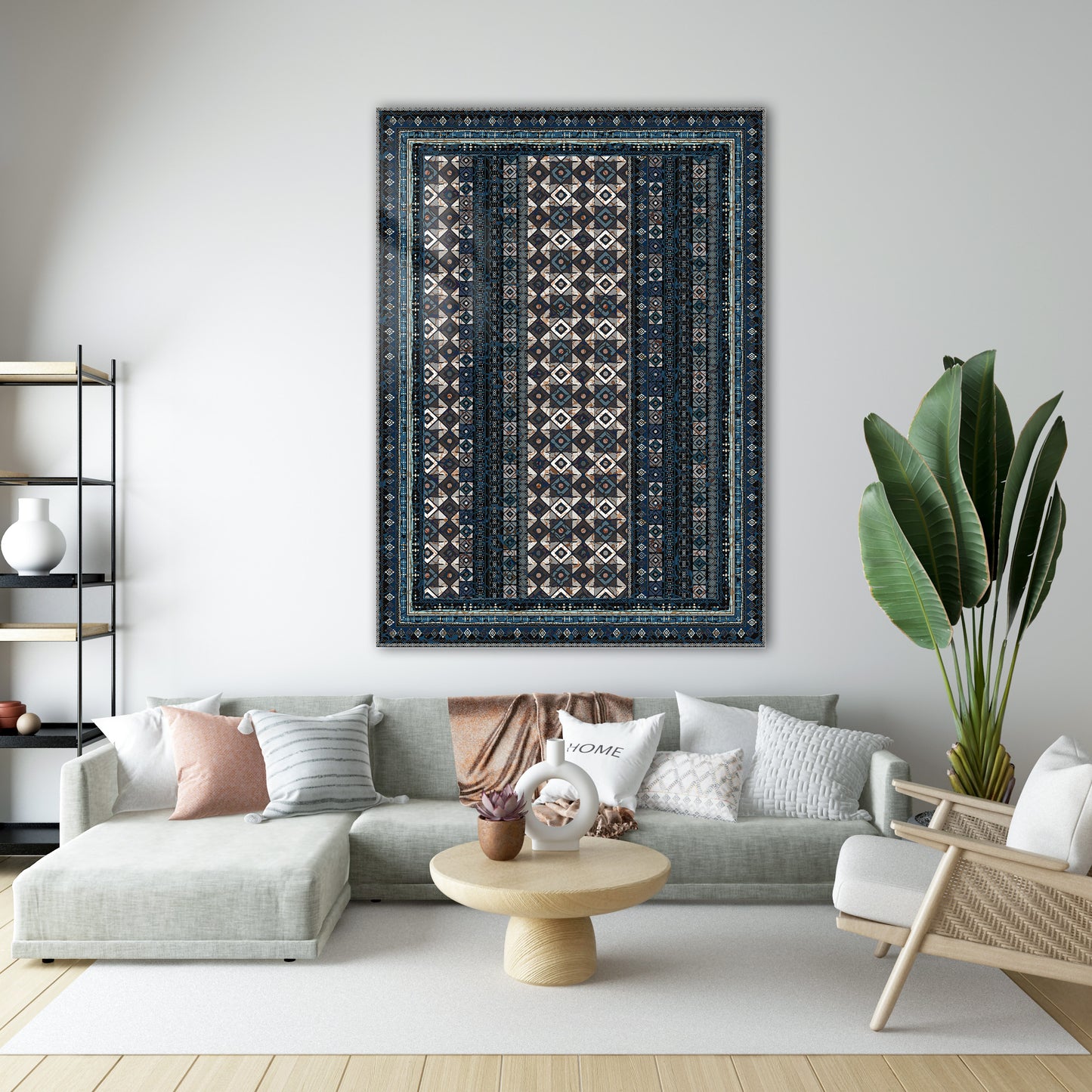 Koyu Mavi Geometrik Desenli Etnik Kilim Cam Tablo