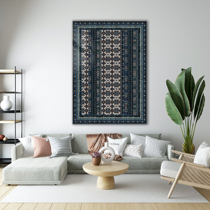 Koyu Mavi Geometrik Desenli Etnik Kilim Cam Tablo